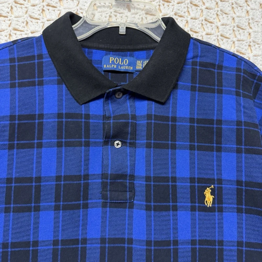 Polo Ralph Lauren Shirt Men's Sz 2XLT Tall Blue/Black Plaid Polo Shirt Short